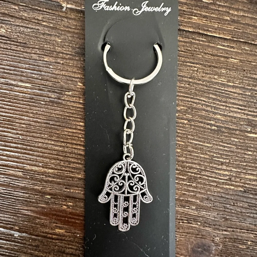 Hamsa hand keychain bag charm silver intricate metal dangling